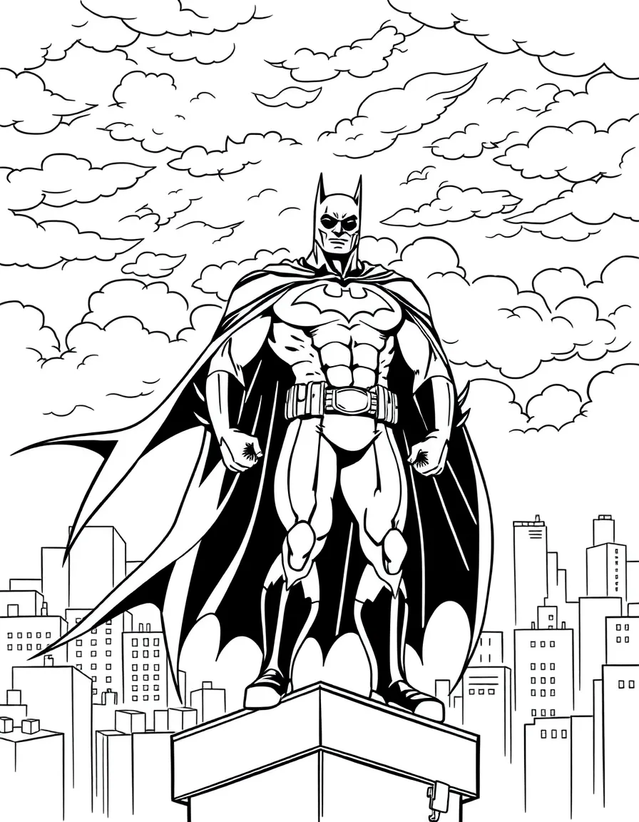 Batman standing on a Gotham City rooftop with his cape flowing, the Bat-Signal shining in the cloudy night sky