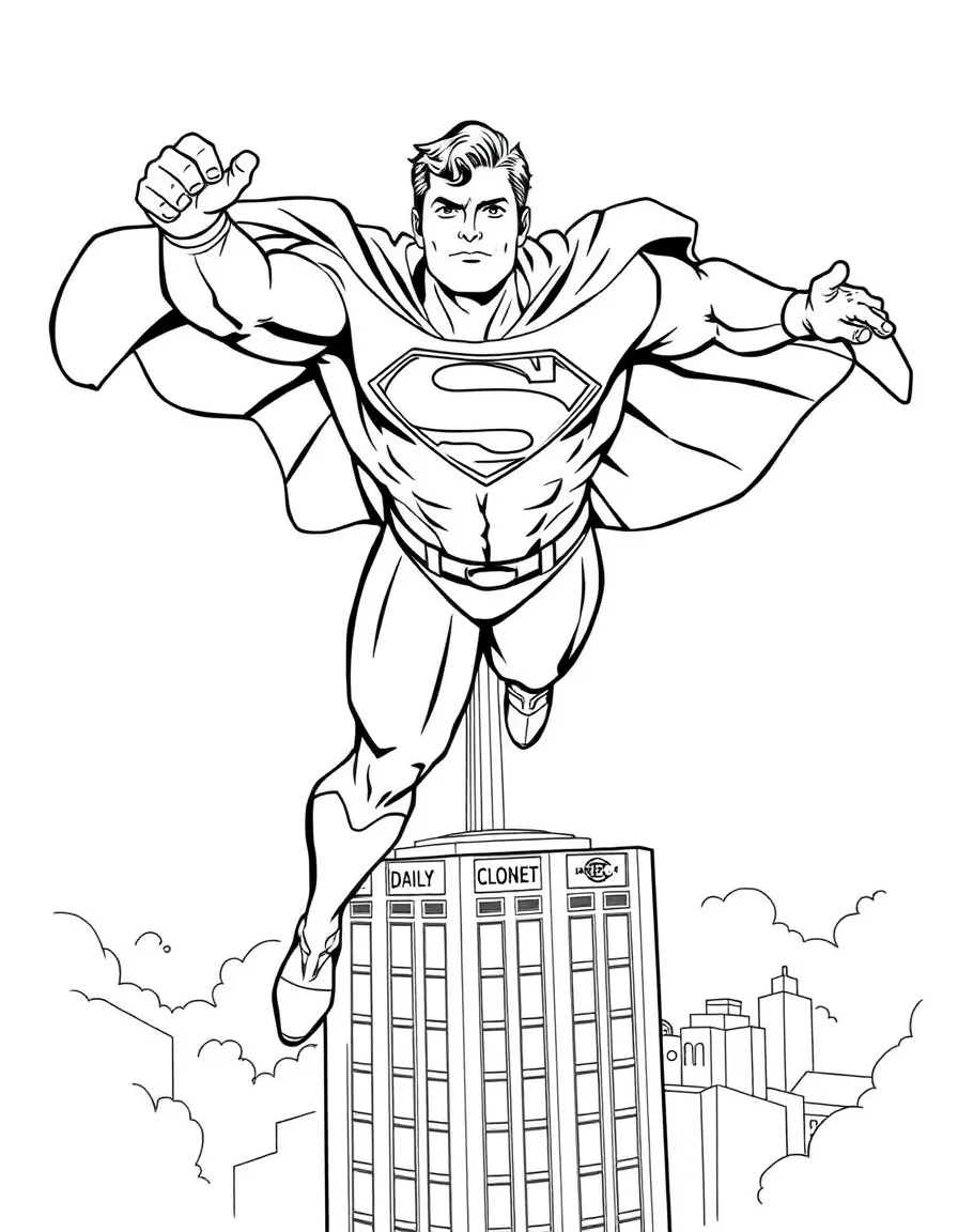 Superman flying high above Metropolis with his cape streaming behind him, the Daily Planet building visible below