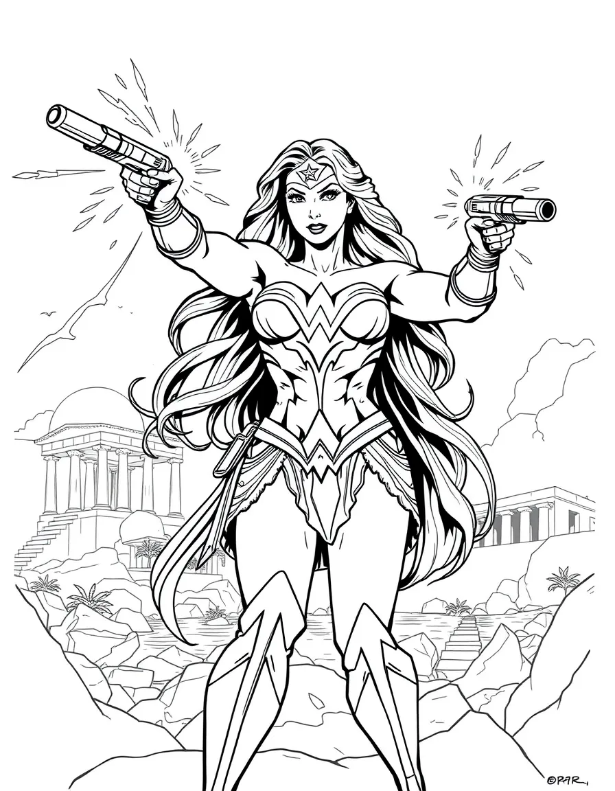Wonder Woman deflecting bullets with her bracelets on Paradise Island, with ancient Greek architecture around