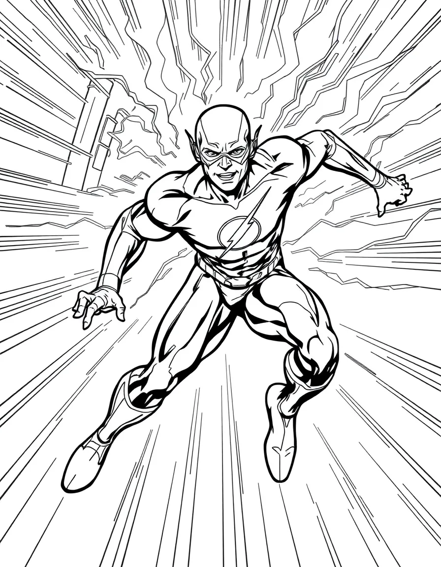 The Flash running at super speed through Central City, leaving lightning trails and speed force energy