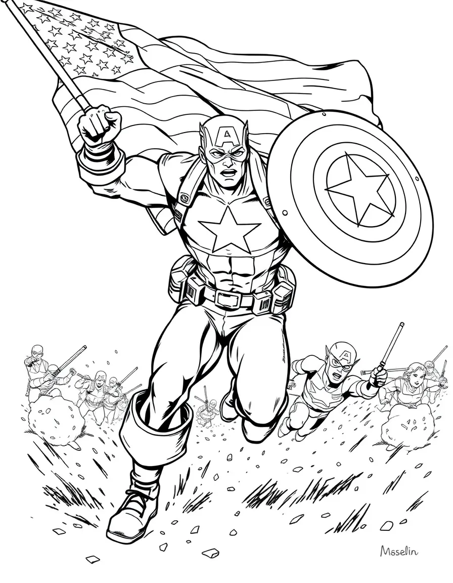 Captain America throwing his shield while running through a battlefield, with the American flag waving behind