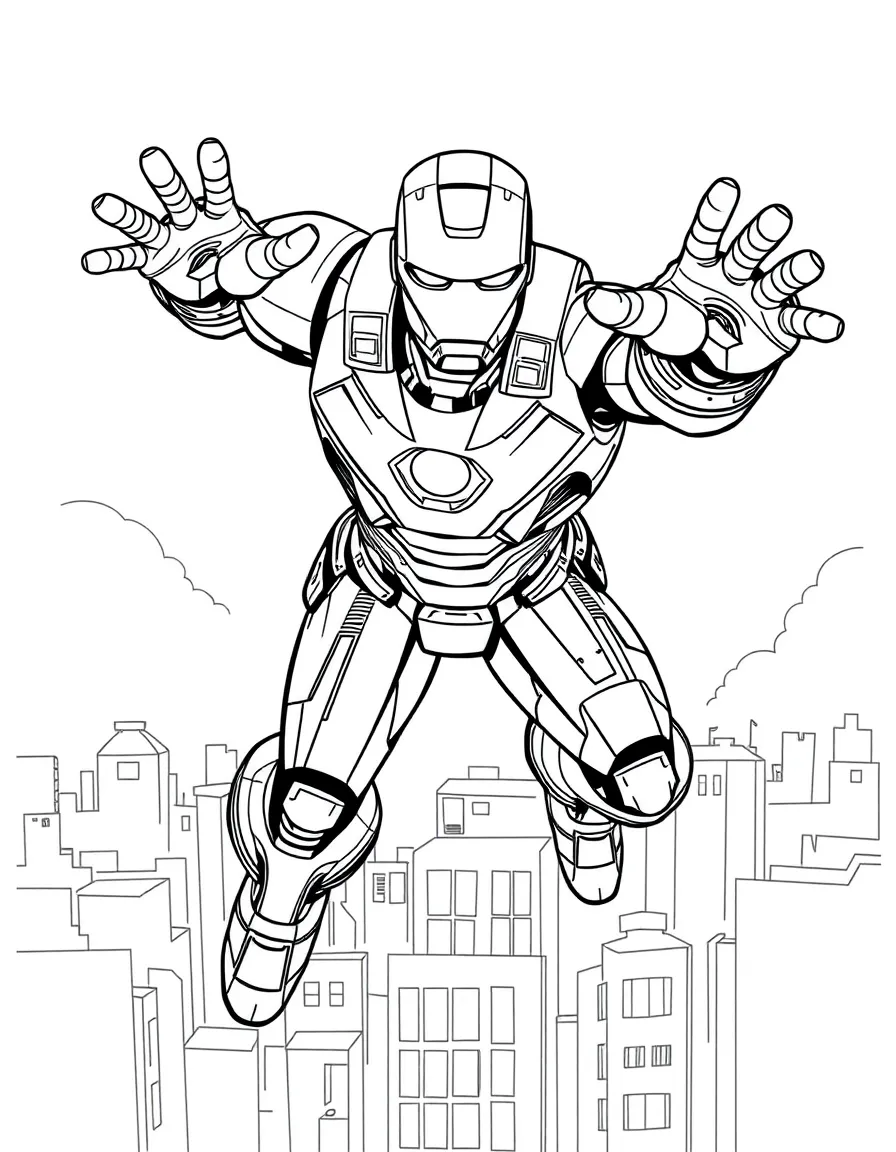 Iron Man flying in his suit with repulsors glowing, above a cityscape with his workshop visible through windows