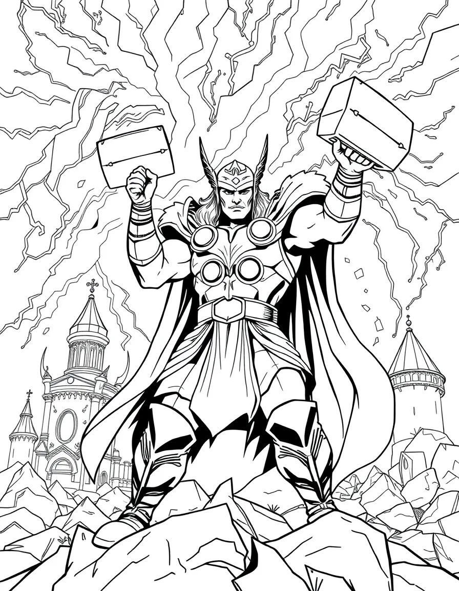 Thor wielding Mjolnir during a thunderstorm in Asgard, with lightning bolts and Norse architecture around