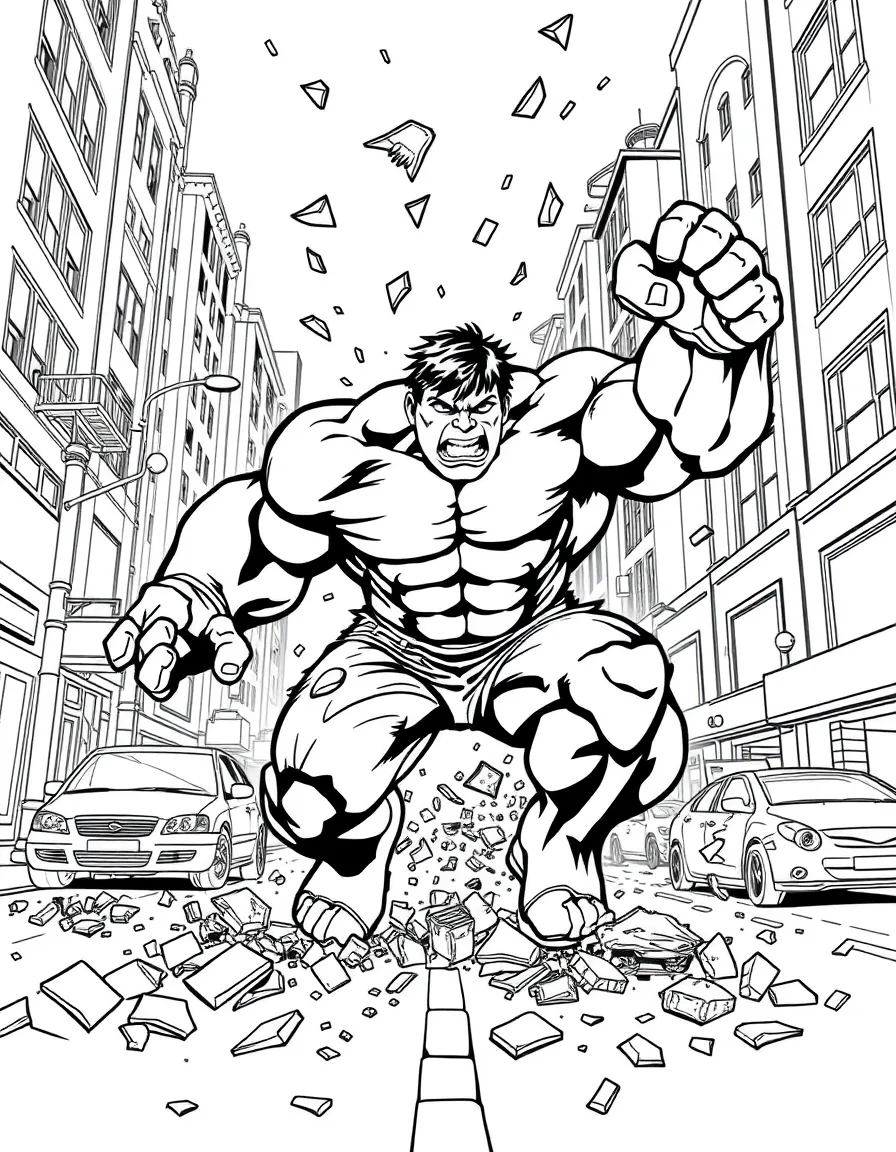 Hulk smashing through a city street with debris flying everywhere, cars overturned and buildings damaged