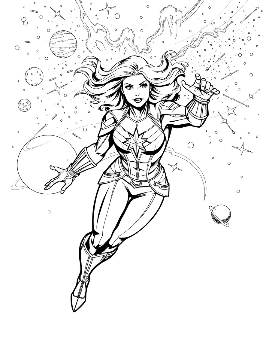 Captain Marvel flying through space with cosmic energy surrounding her, planets and nebulae in the distance