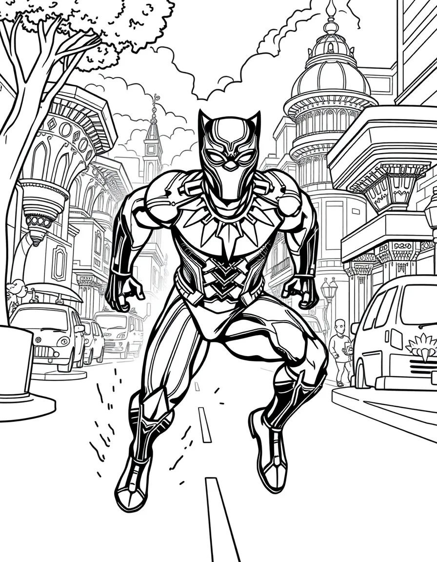 Black Panther running through the streets of Wakanda with vibranium technology and African architecture