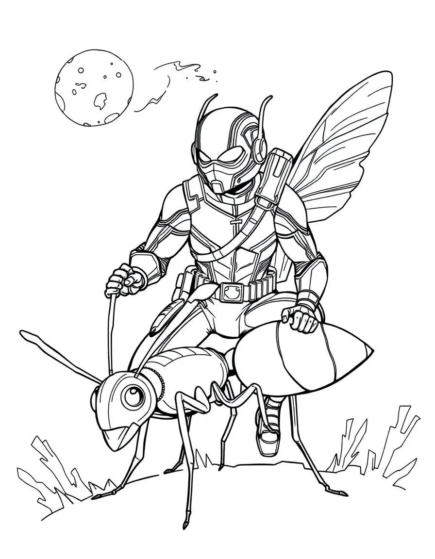 Ant-Man shrinking down to ant size while riding on a flying ant, with a giant world perspective around him