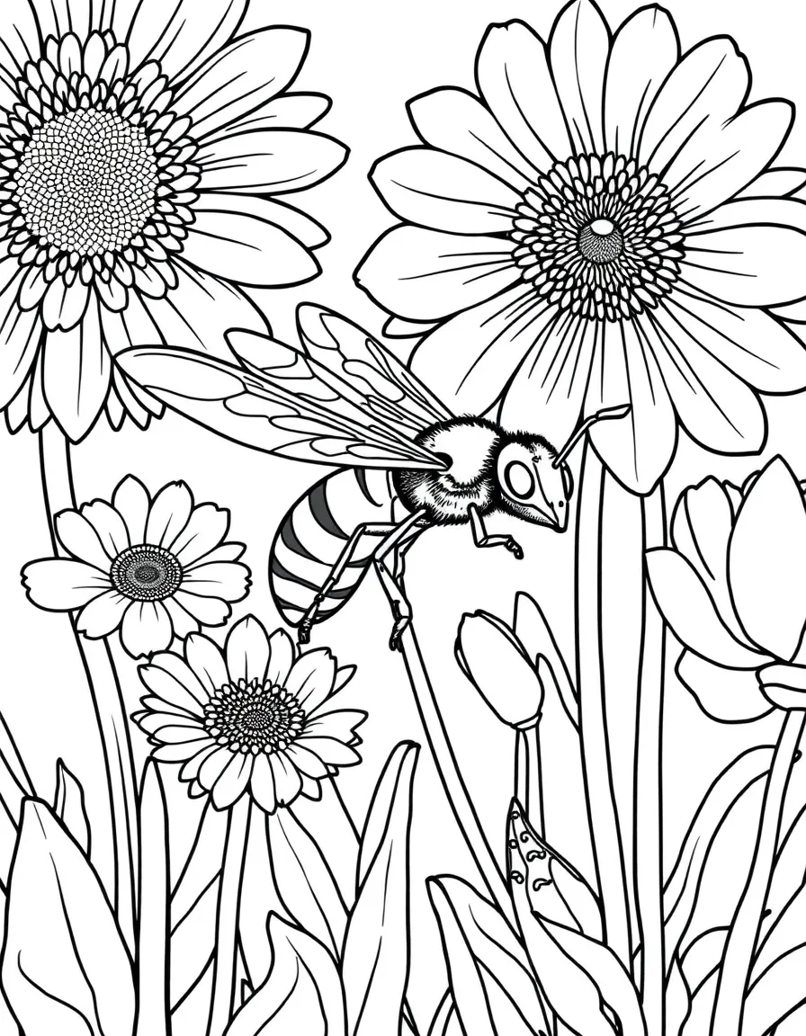 The Wasp flying at tiny size with her wings buzzing, navigating through a garden of enormous flowers