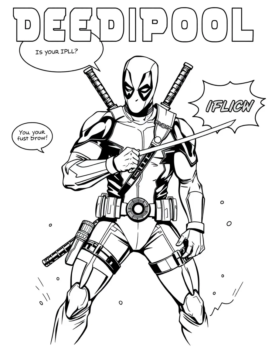 Deadpool in action with his katanas drawn, breaking the fourth wall with speech bubbles and comic effects