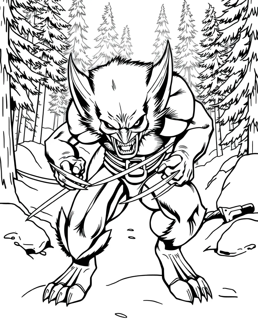 Wolverine in a fighting stance with his claws extended, in a Canadian forest with snow and pine trees