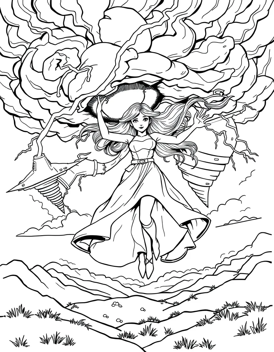 Storm controlling weather with lightning and tornadoes swirling around her, floating above a landscape