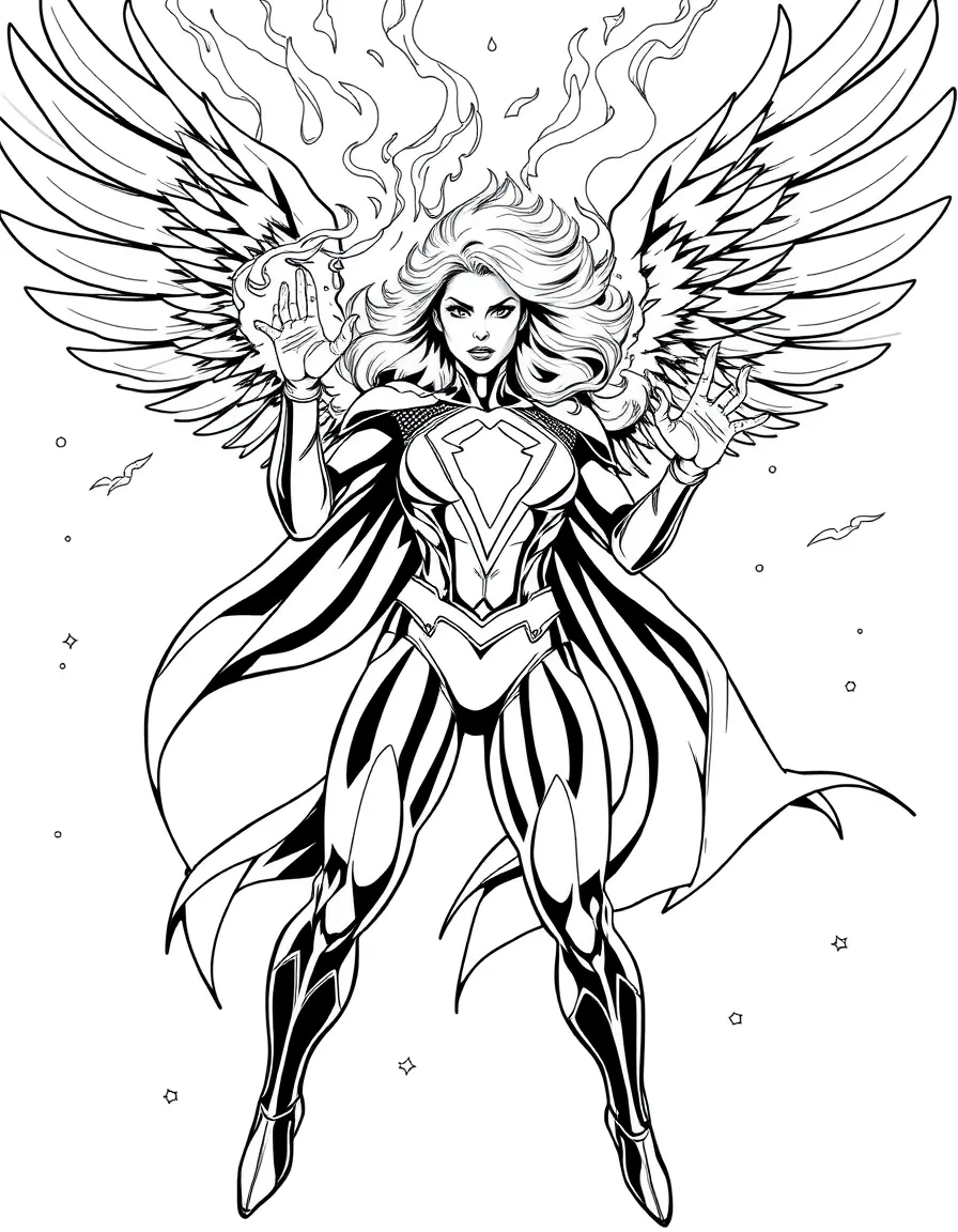Jean Grey using her Phoenix powers with fire and psychic energy radiating around her in space