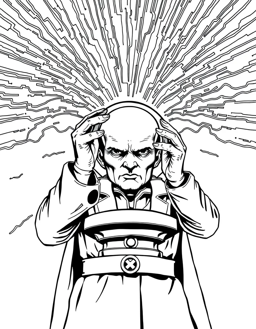 Professor X using Cerebro to locate mutants, with the spherical chamber and psychic waves visible