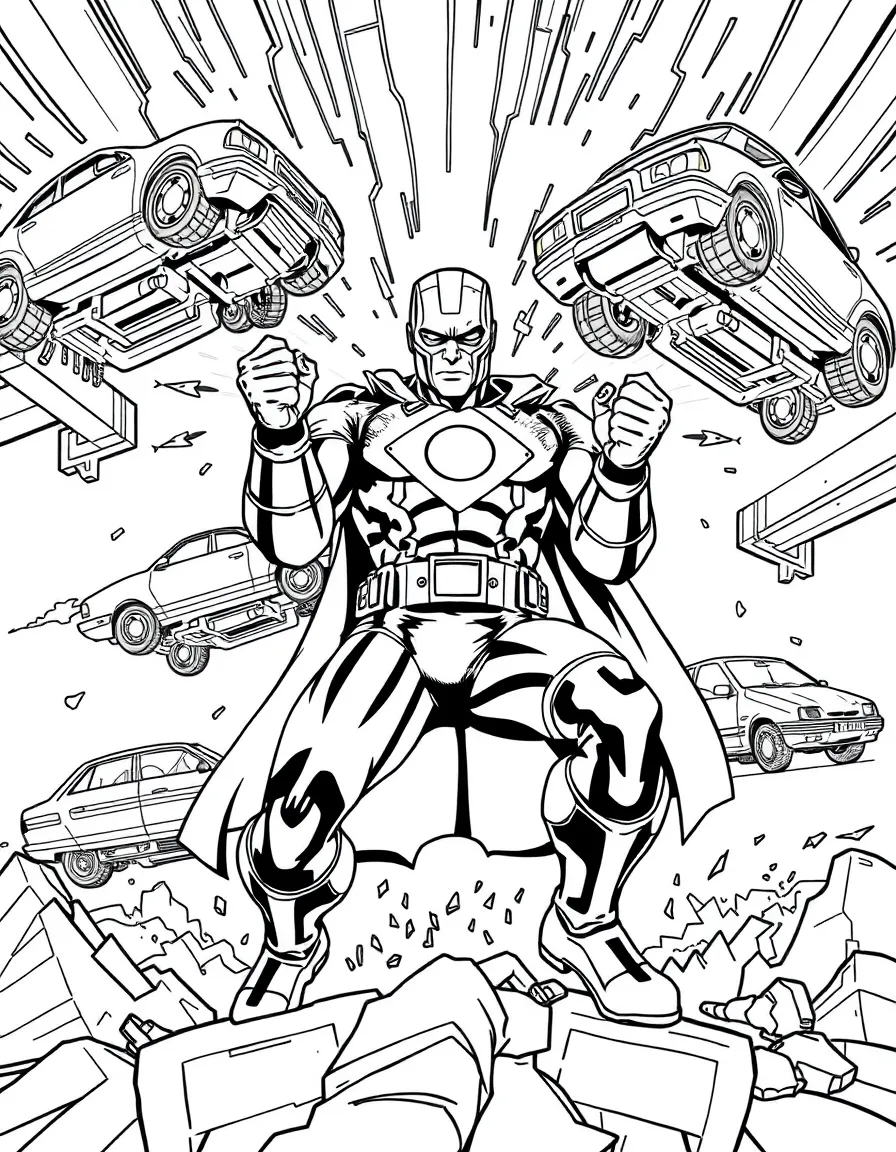 Magneto manipulating metal objects with magnetic fields, surrounded by floating cars and steel beams