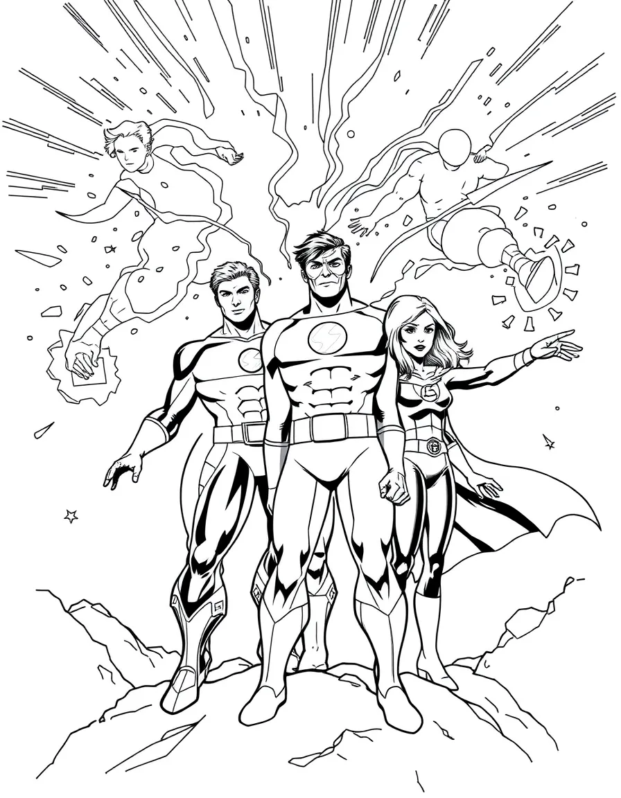 The Fantastic Four working together as a team, each using their unique powers in a cosmic adventure