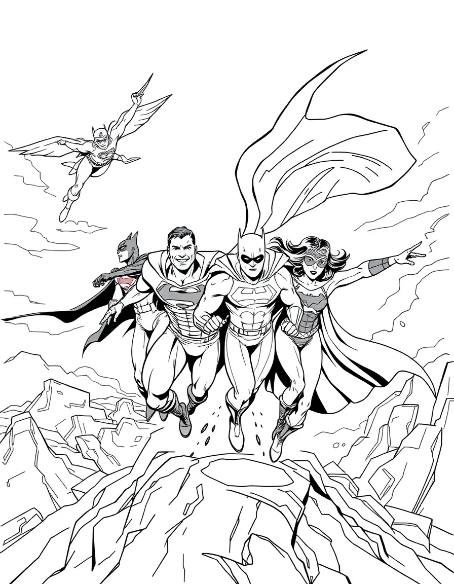 The Justice League flying and running together across a dramatic landscape with their iconic poses