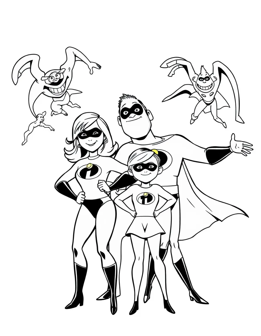 The Incredibles family working together in their super suits, each using their powers to save the day