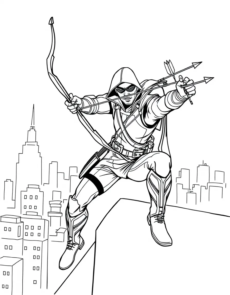 Green Arrow shooting arrows from a rooftop in Star City, with his trick arrows and archery equipment