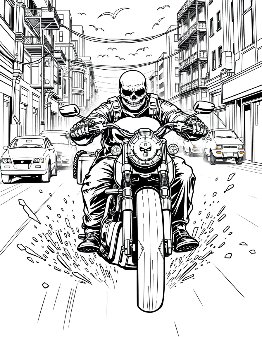 The Punisher on a motorcycle chase through urban streets, with weapons and tactical gear visible