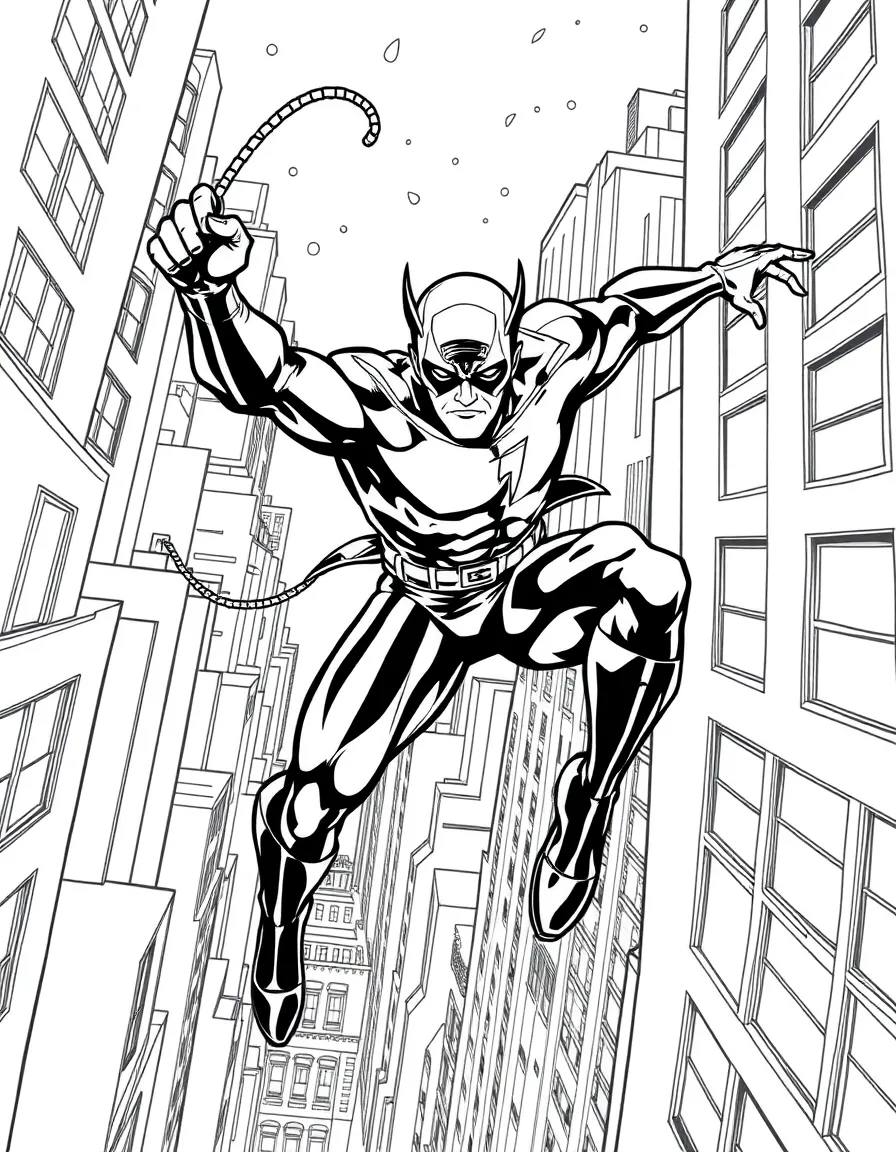 Daredevil leaping between buildings in Hell's Kitchen, using his enhanced senses in the dark city