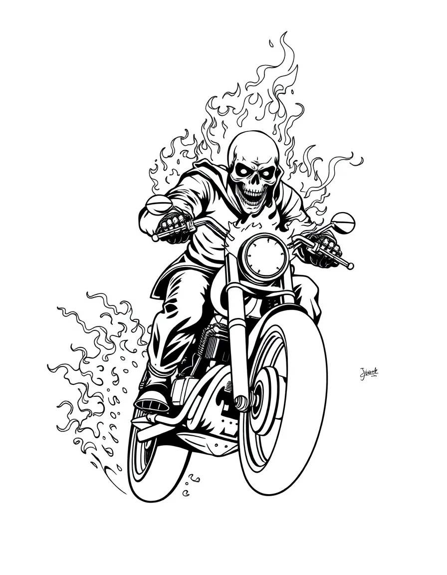 Ghost Rider riding his flaming motorcycle with his skull on fire, leaving a trail of hellfire behind