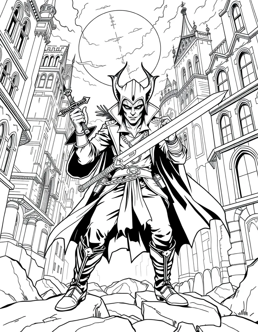 Blade hunting vampires in a gothic cityscape with his sword and vampire-hunting equipment ready