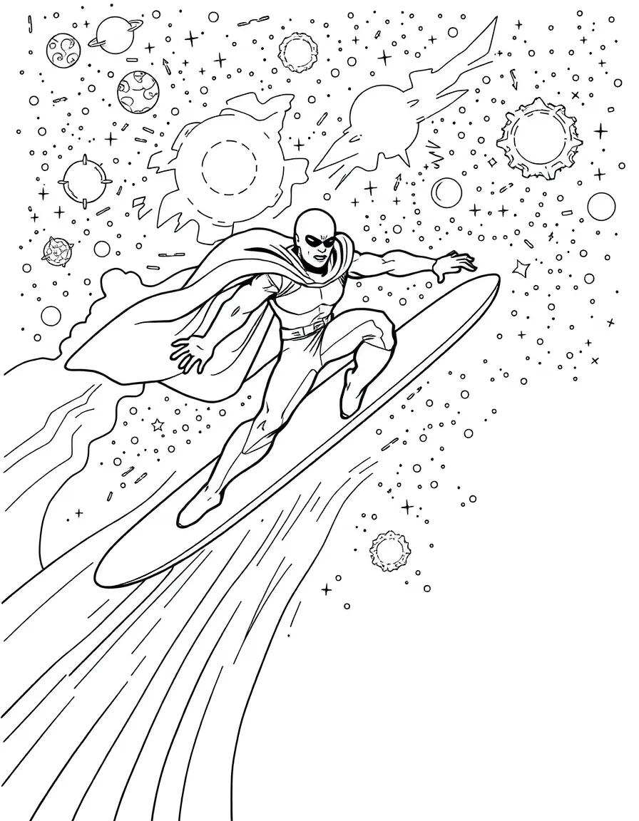 The Silver Surfer surfing through space on his cosmic board with galaxies and cosmic energy around