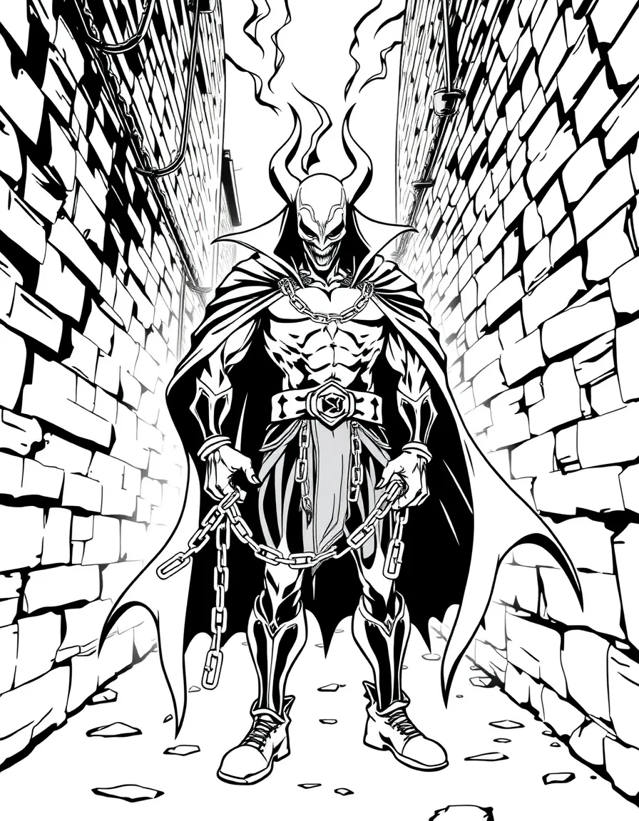 Spawn in an alley with his chains and cape flowing dramatically, surrounded by supernatural darkness