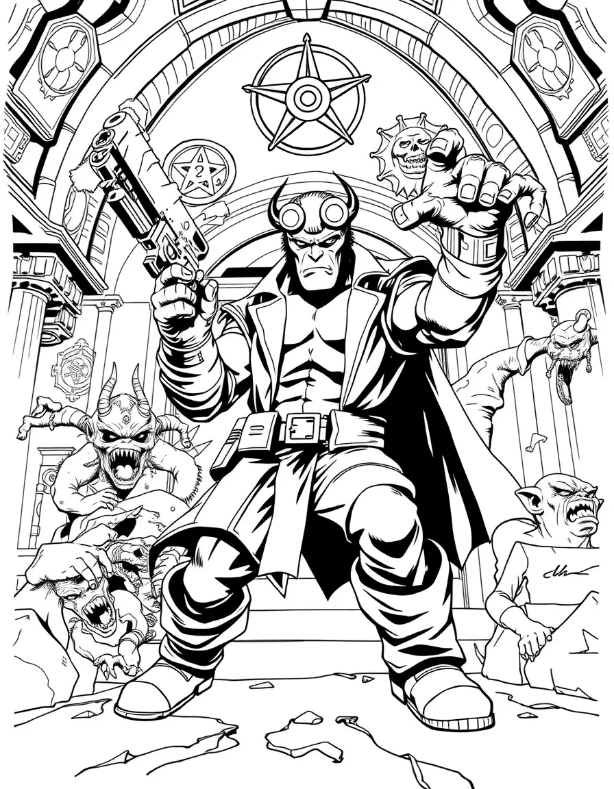 Hellboy fighting monsters with his stone hand and gun, in a spooky mansion with occult symbols