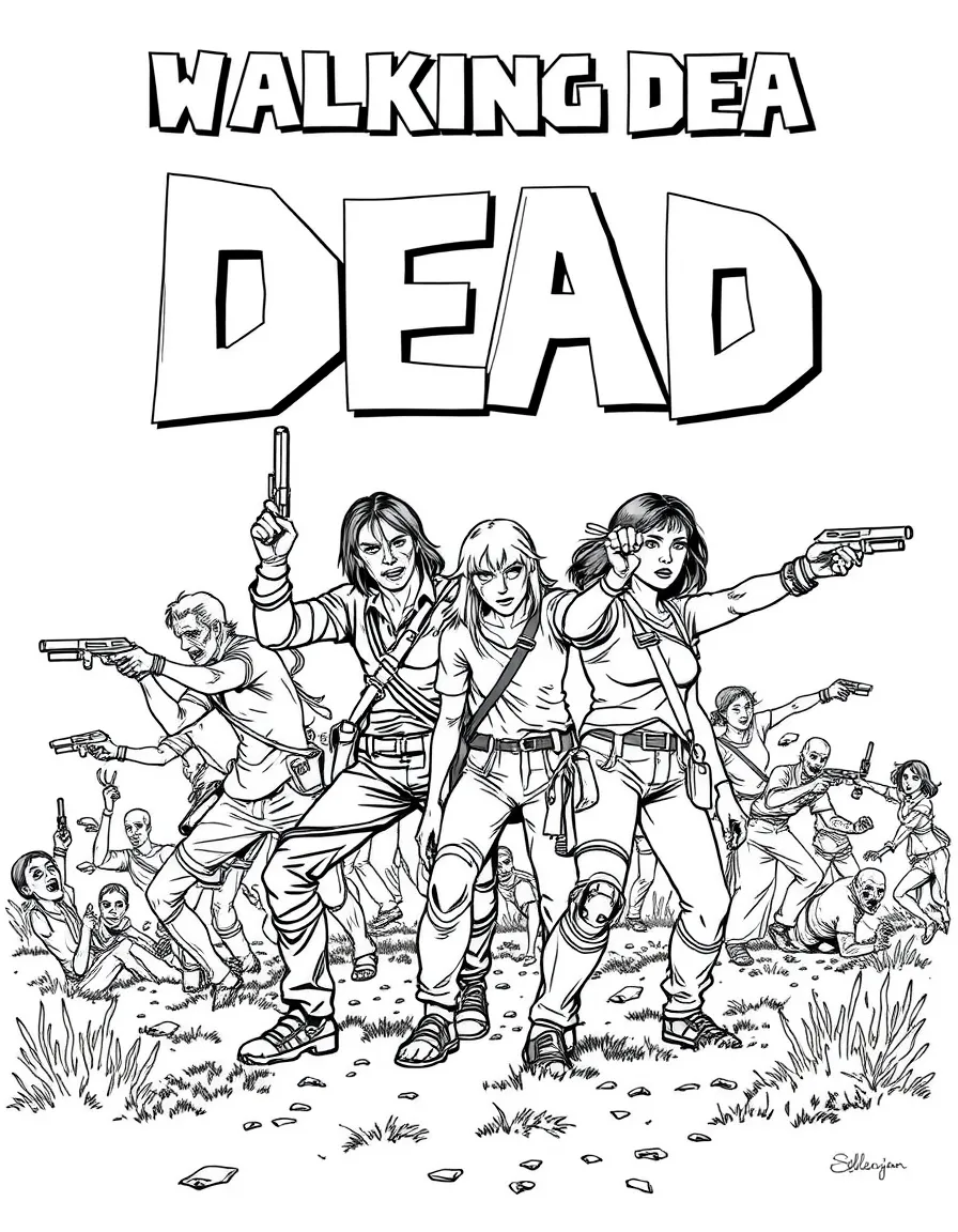 The Walking Dead survivors working together to fight zombies in a post-apocalyptic landscape