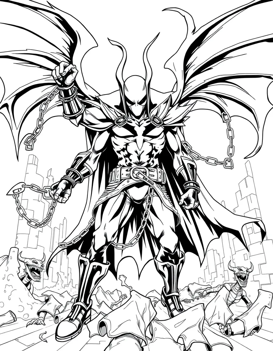 Spawn's cape and chains transforming into various shapes while he battles demons in urban ruins