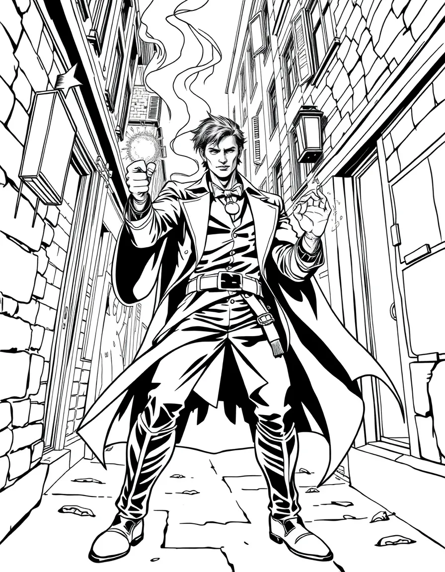 Constantine performing magic rituals to fight supernatural threats in London's dark alleyways