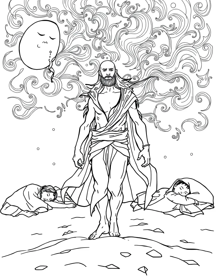 Sandman walking through the realm of dreams with swirling dream imagery and sleeping figures around him