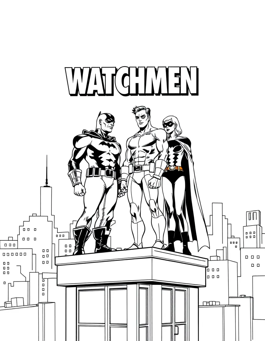 Watchmen heroes standing together on a city rooftop during a tense moment, with 1980s architecture below