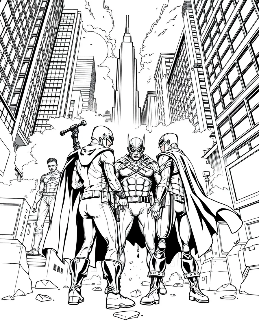 The Boys confronting corrupt superheroes in a modern cityscape with dark themes and realistic details