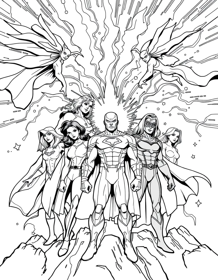 Multiple superheroes from different universes meeting in a cosmic crossover event with reality portals