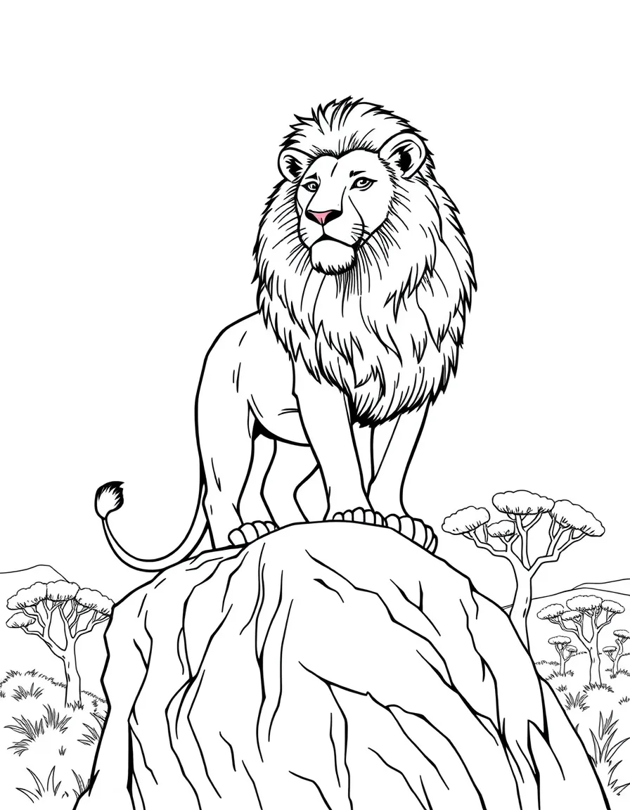 A majestic lion with a full mane standing on Pride Rock, surveying the African savanna with acacia trees