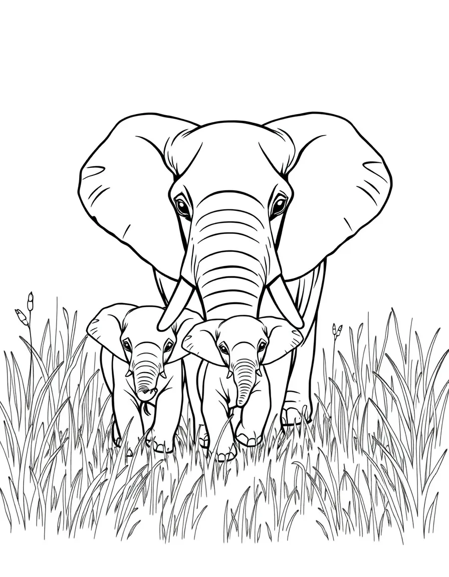A family of elephants walking through tall grass, with babies staying close to their mothers' sides