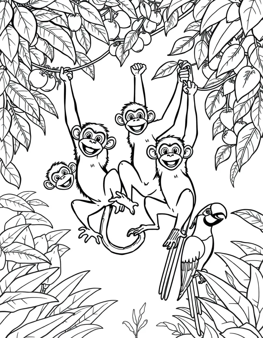A playful group of monkeys swinging through jungle vines, with tropical fruits and colorful parrots nearby