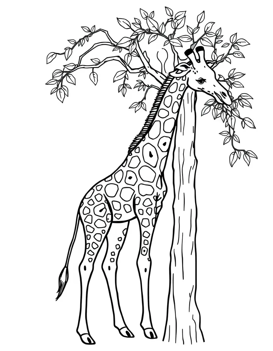 A gentle giraffe bending down to eat leaves from a tall tree, with its distinctive spotted pattern clearly visible