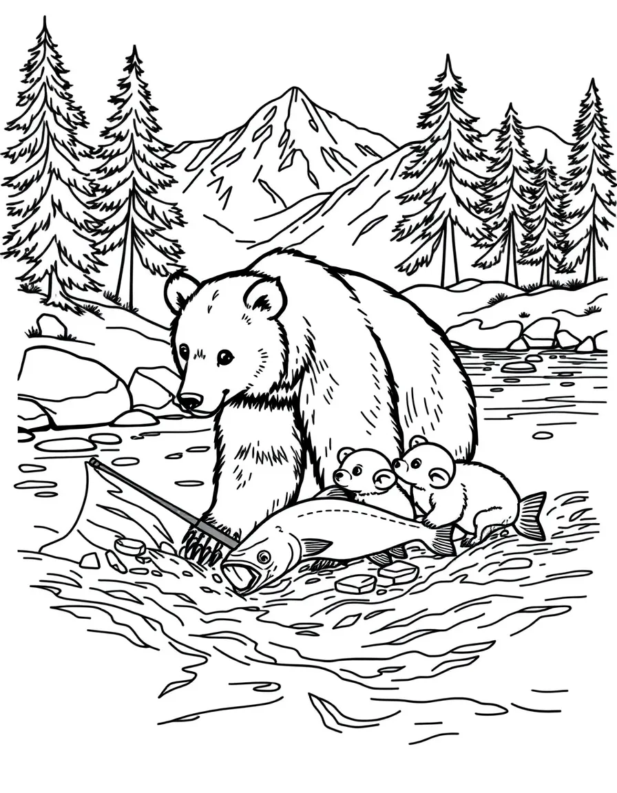 A mother bear and her cubs fishing for salmon in a rushing river, with pine trees and mountains behind