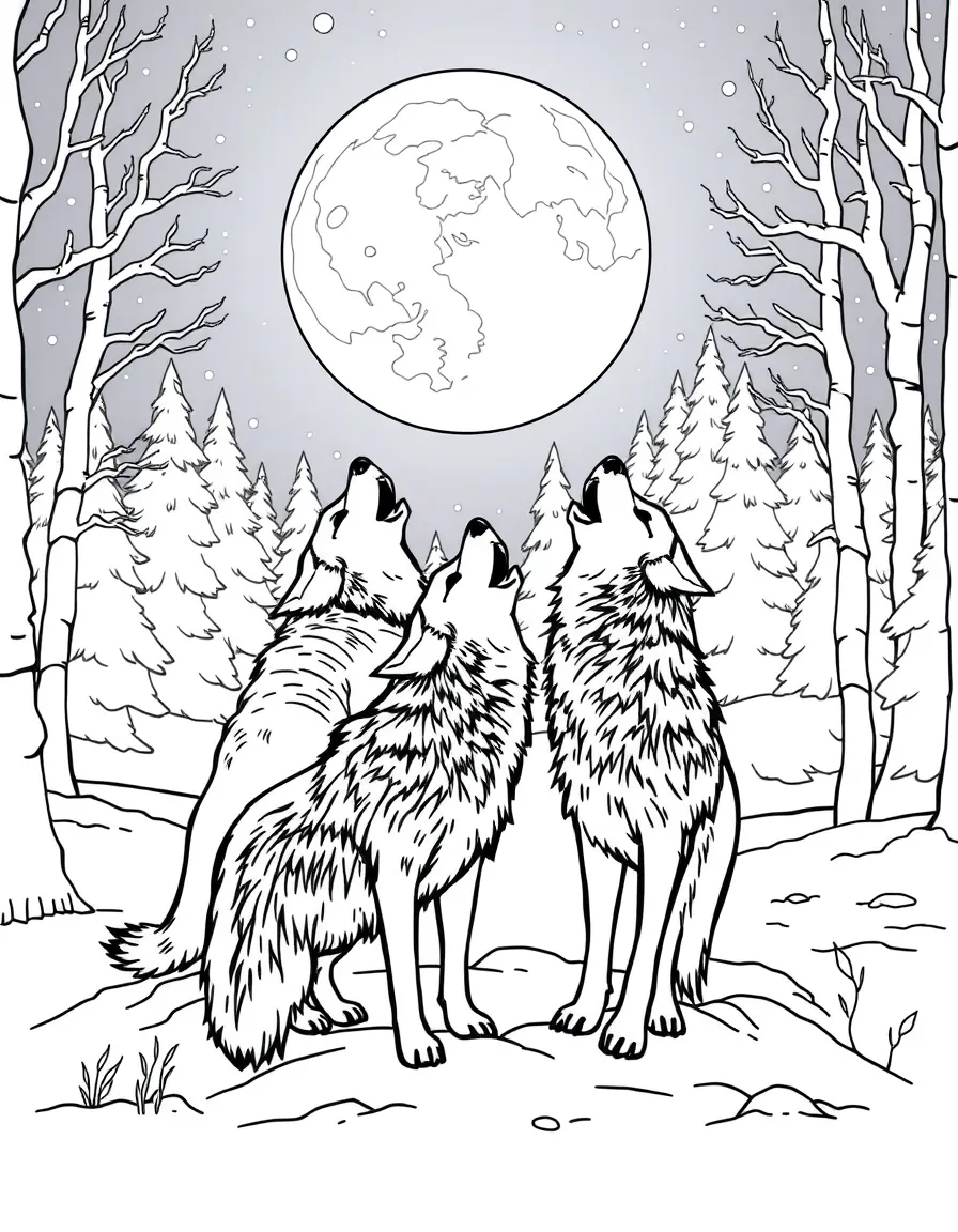 A pack of wolves howling at a full moon in a snowy forest clearing, with their breath visible in cold air