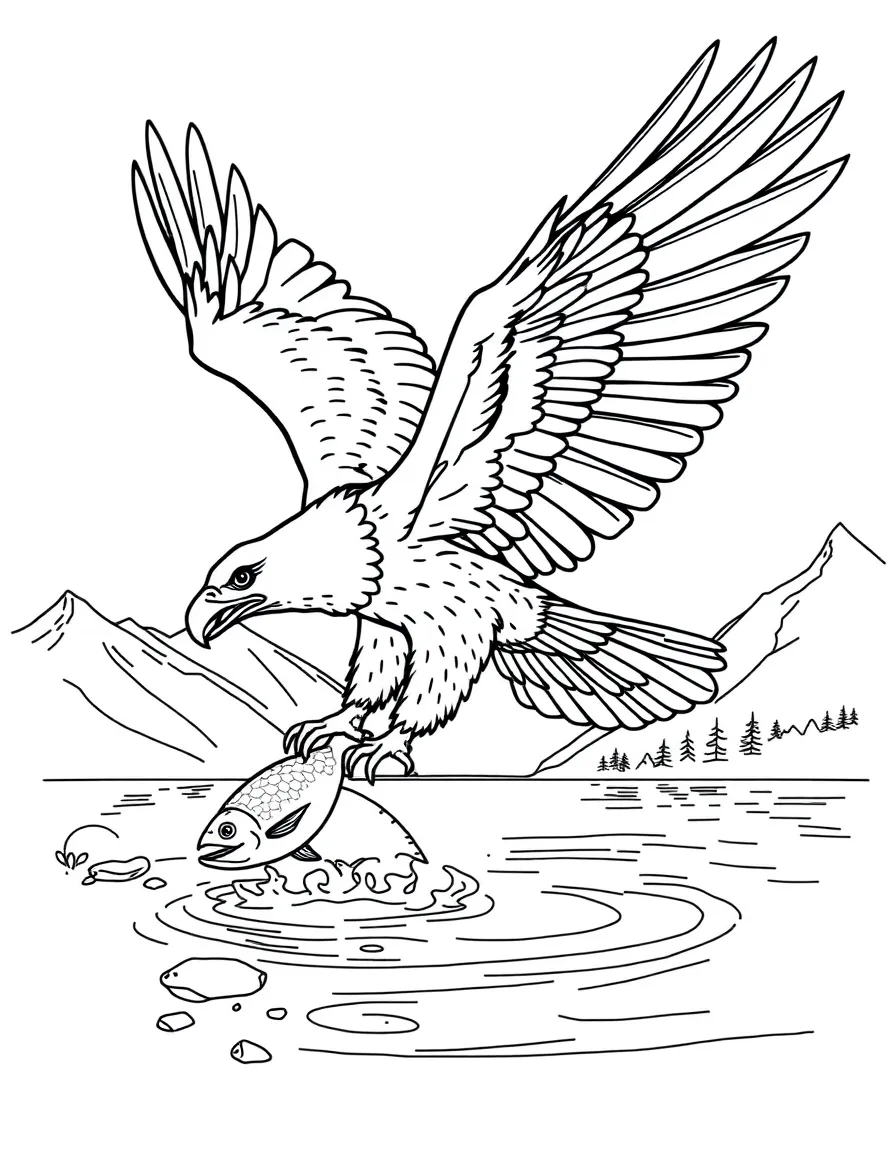 A soaring eagle catching fish from a crystal-clear mountain lake, with its wings spread wide showing detail