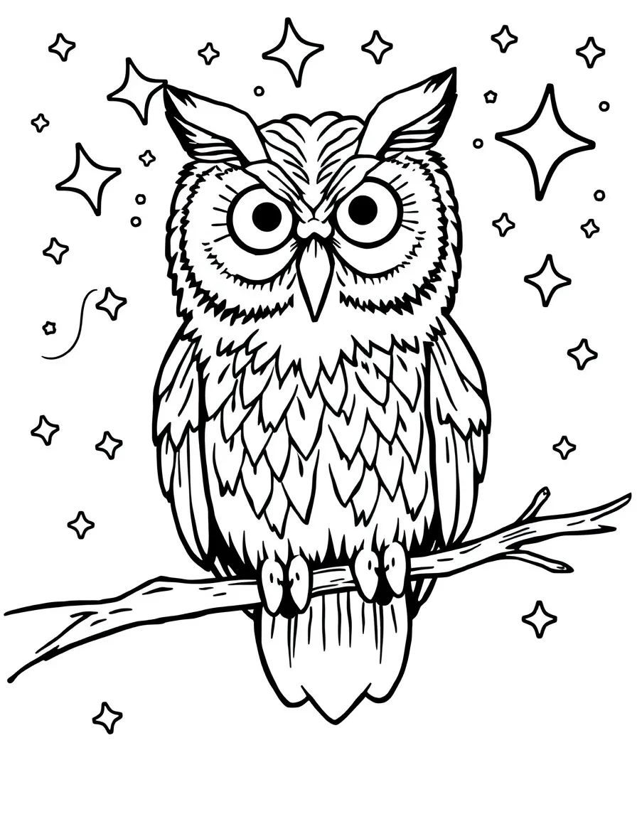 A wise old owl perched on a branch at night, with large eyes and detailed feathers, surrounded by stars