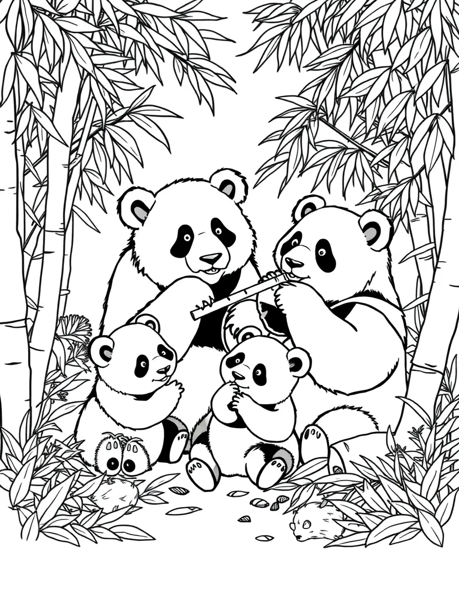 A family of pandas eating bamboo in a lush forest, with baby pandas playing while adults munch peacefully