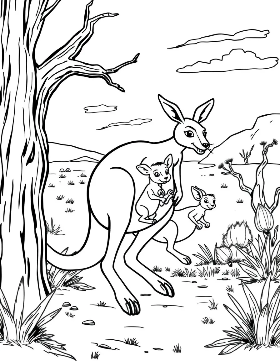 A kangaroo family hopping across the Australian outback, with joeys peeking out from their mothers' pouches