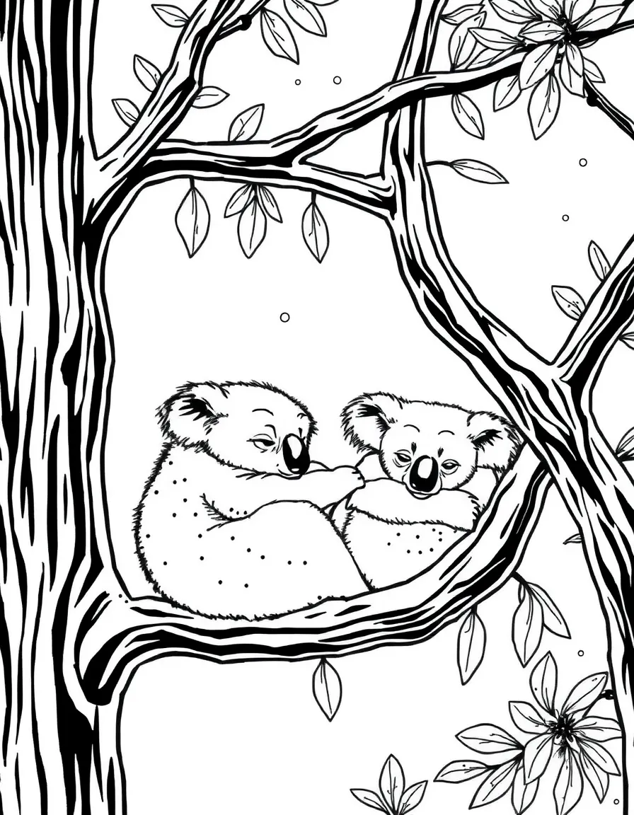 A koala family sleeping in eucalyptus trees, with detailed fur and the distinctive Australian landscape