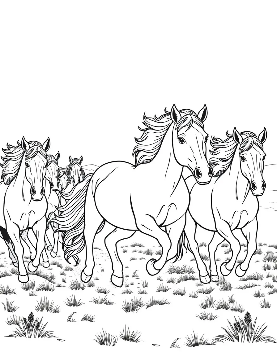 A herd of wild horses running free across open plains, with their manes and tails flowing in the wind