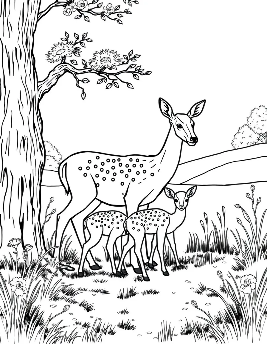 A family of deer grazing in a peaceful meadow, with spotted fawns staying close to their alert mothers