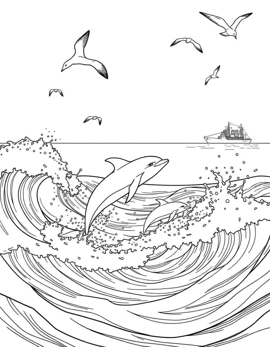 A group of dolphins jumping and playing in ocean waves, with seagulls flying overhead and ships distant